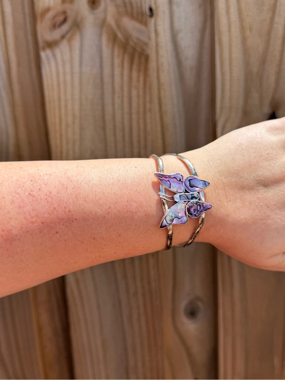 Alpaca Butterfly Abalone Cuff Bracelet - Purple Accent